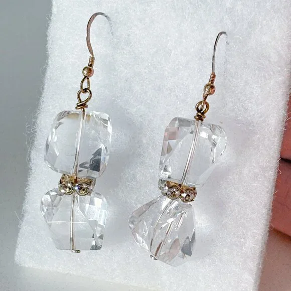 Vintage Swarovski-Style Cut Clear Faceted Crystal Cube Drop Earrings - Picture 3 of 6